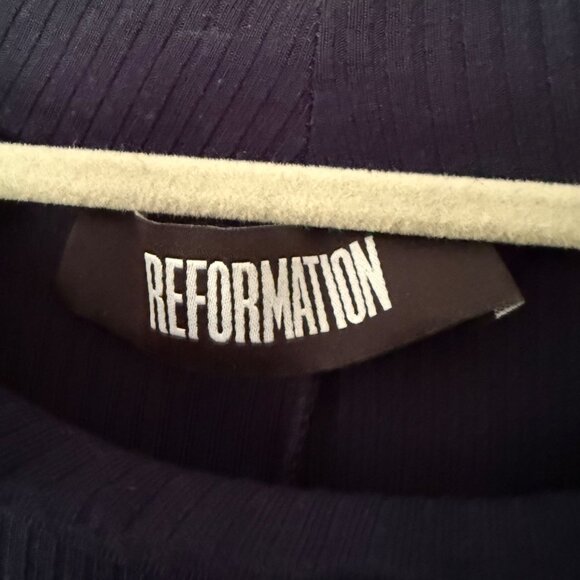 Reformation Size Large Navy Blue Ribbed Knit Mock Neck Short Sleeve Mini Dress - Picture 7 of 12